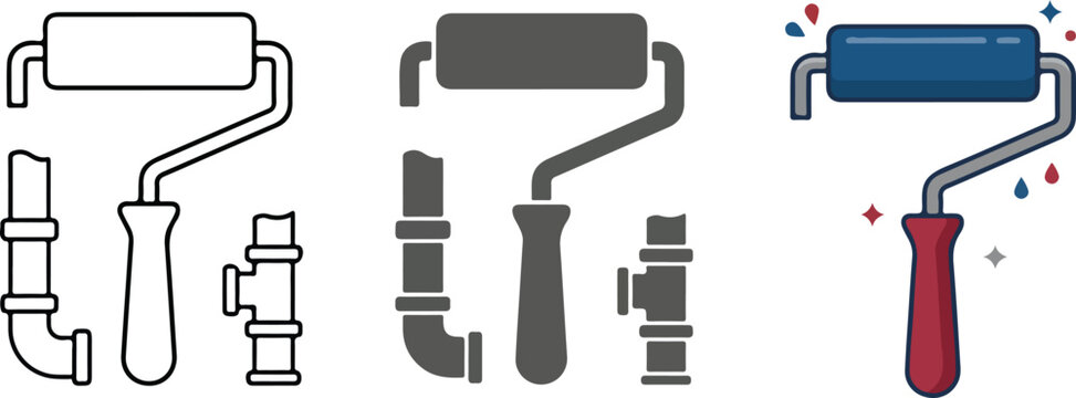 Paint Roller Labor Day Premium Vector Icon Set with Outline Silhouette and Flat Color Versions for Painting Renovation and Home Improvement