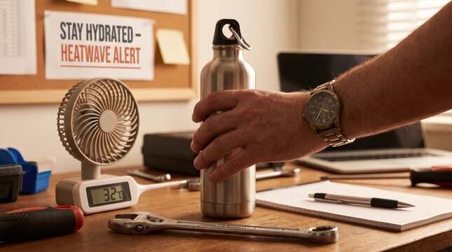 Hand Holding Water Bottle During Heatwave Safety Alert