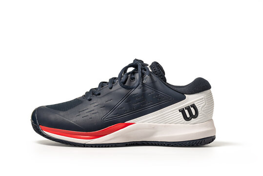 Belgrade, Serbia - September 22, 2025: Blue Wilson Rush Pro Ace Tennis Shoes isolated on white background with clipping path included