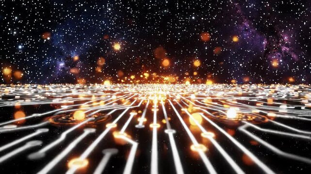 Abstract digital circuit board background with glowing connections and starry night sky representing advanced technology and data flow
