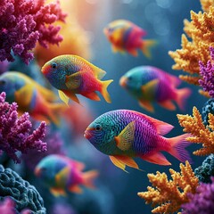 Fototapeta premium Colorful fish swim among coral reefs in a vibrant underwater scene during daylight
