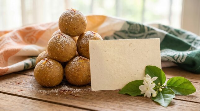 Traditional Indian Laddus Decorated with Powdered Sugar and Jasmine for India's Independence Day Celebration