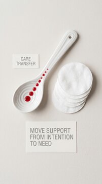 White Ceramic Spoon with Red Blood Drops and Cotton Pads, symbolizing Blood Donation and Care Transfer