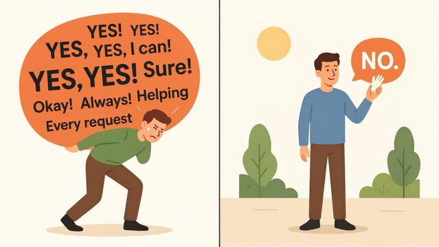 Split screen of a man overwhelmed by tasks versus saying no