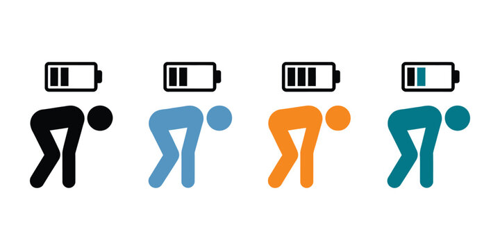 Burnout icons showing exhausted people, tired worker, bent over from fatigue, emotional stress, mental health, and workplace exhaustion vector illustrations