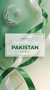 14 august Pakistan independence day 14 august  greeting card featuring a metallic crescent moon and star with smooth flowing green ribbons