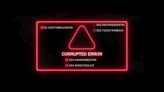 Digital corrupted error warning sign with glowing red neon frame and rapidly changing data streams on a dark background, for cybersecurity, system