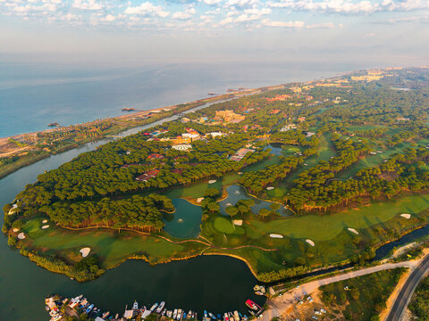 Aerial view of Belek golf resort on Antalya Mediterranean coast