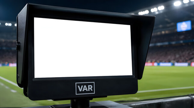 VAR monitor with blank screen at stadium. Video assistant referee display for soccer review.