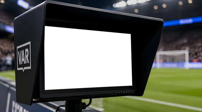 VAR monitor with blank screen at stadium. Video assistant referee display for soccer match.