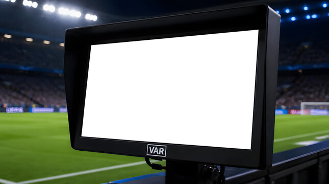 VAR monitor with blank white screen at stadium. Video assistant referee display for review.