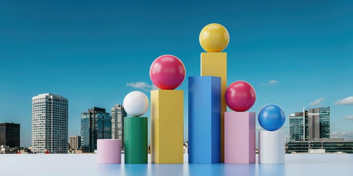 3 d bar chart with colorful spheres and rectangular pillars against city skyline