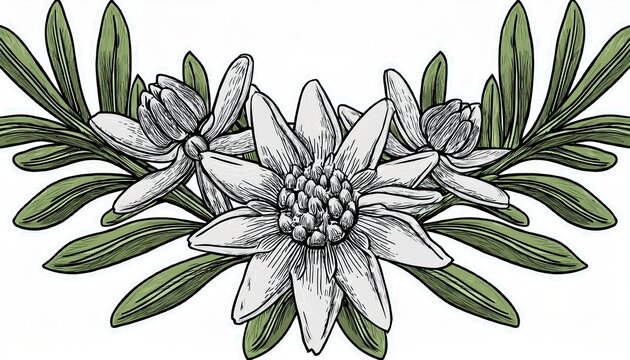 Graphic Branch Of Edelweiss Flowers And Leaves