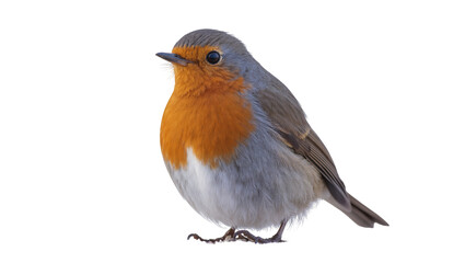 Fototapeta premium Isolated European Robin bird standing in profile, showing vibrant orange breast and grey plumage