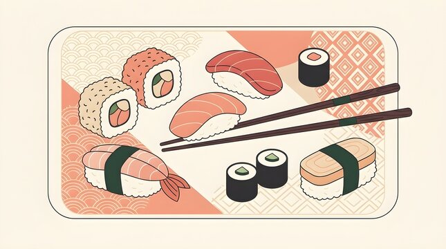 An artistic flatlay vector illustration of a variety of delicious Japanese sushi rolls and sashimi.
