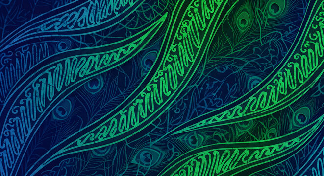Peacock feather pattern background with blue and green gradient abstract ornamental design