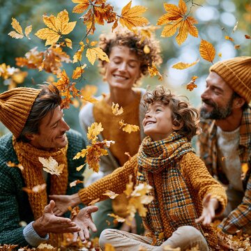 Family enjoys autumn activities in a park while playing with falling leaves