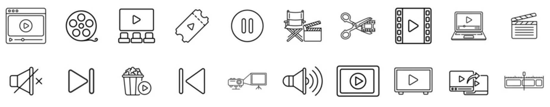 Minimalist cinema and video production line icons, set of 20 movie industry vector symbols, professional film editing and media player interface elements