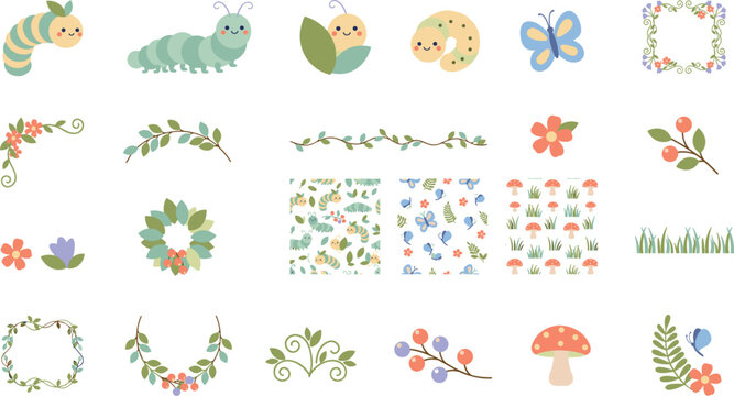 Cute cartoon caterpillar and butterfly vector collection featuring floral frames dividers seamless patterns mushroom and garden elements