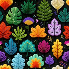 Fototapeta premium A vibrant collection of embroidered leaves and abstract floral shapes in assorted colors