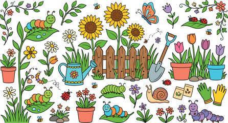 Cute cartoon garden vector element set with sunflower tulip flower fence watering can shovel caterpillar snail ladybug © MstRahima