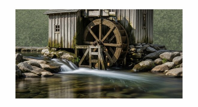 Historic wooden watermill beside rushing stream outdoors with water wheel