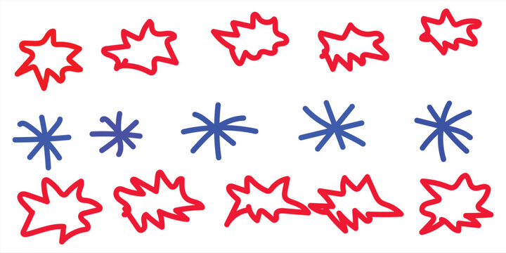 Set of handdrawn red speech bubbles and blue starburst shapes