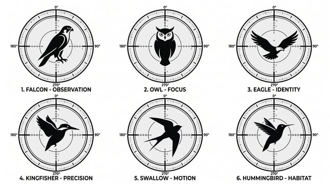 Stylized bird silhouettes in circular crosshairs, symbolizing observation, focus, and avian identity.