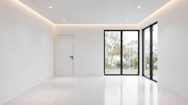 Realistic 3D rendering of an empty white room with lighting.