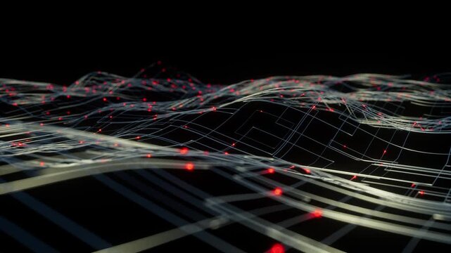 Abstract network with red led lights in a futuristic background focused on data mining and security measures