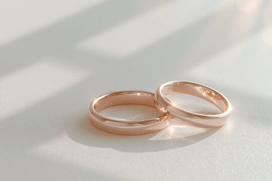 Romantic rose gold wedding rings in soft natural light
