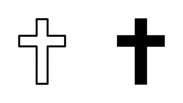 Christian cross icon set featuring outline and solid silhouette symbols of religion and faith on transparent background