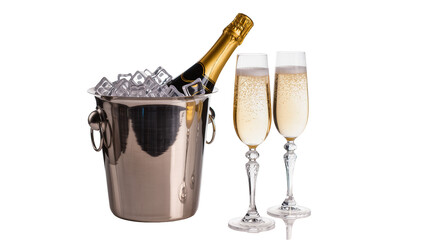 Isolated luxury champagne bottle in ice bucket with two elegant flutes of sparkling wine ready for a toast. © Ana