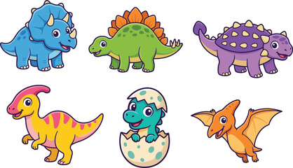 Cute Cartoon Dinosaur Collection with Triceratops Stegosaurus Ankylosaurus Parasaurolophus and Pterodactyl © MstShahida