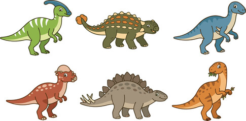 Cute Cartoon Herbivorous Dinosaur Collection with Stegosaurus Ankylosaurus Parasaurolophus and Iguanodon © MstShahida