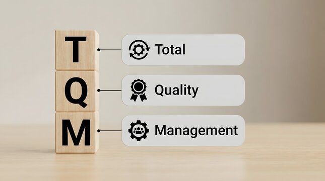 TQM total quality management acronym on wooden blocks with icons.