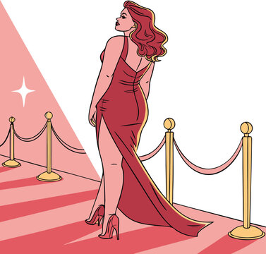 Glamorous woman in red evening gown on red carpet, elegant celebrity walking at gala event, body positive fashion illustration vector