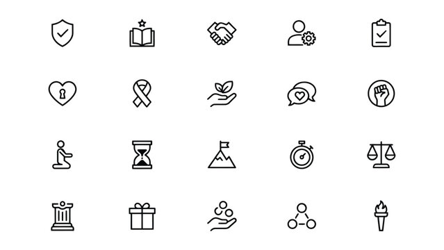 Collection of diverse minimalist icons featuring symbols for security trustworthiness health and social awareness on transparent background