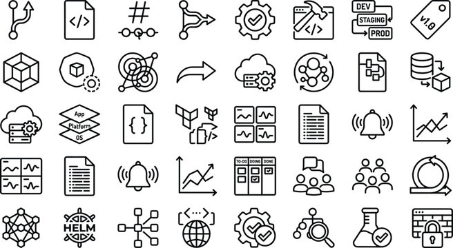 DevOps and Software Deployment Line Icon Set with Git Branch Code Pipeline Kanban Board Cloud and Team Collaboration Symbols