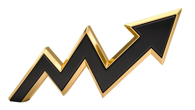 Isolated 3D render of a golden and black zigzag arrow representing growth and success