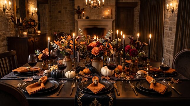 Festive Halloween dinner table decoration setting ready for party