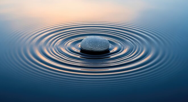 A single smooth stone rests at the center of perfectly concentric ripples on a still water surface, capturing a sense of profound clarity, silence, expansion, surface