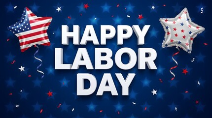 Fototapeta premium Happy labor day banner with american flag balloons and confetti balloons confetti american