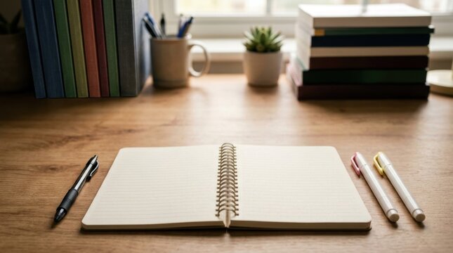Open notebook with pens on wooden desk for back to school study setup photography