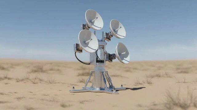 Crisp medium view of a microsatellite radio stations compact dish array in a desert field emphasizing tracking equipment with blurred sandy terrain