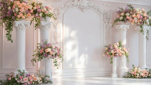 White classical archway with ornate pillars decorated with pastel pink and peach roses for wedding ceremony or event background setting