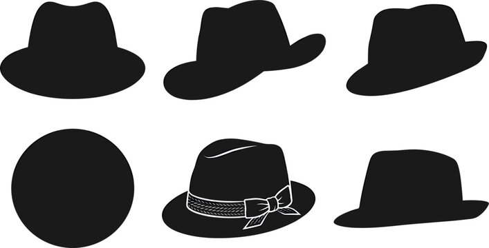 Classic Men Fedors and Panama Hat Silhouette Icon Vector Set featuring Vintage Detective Gangster Headwear Symbols for Fashion Branding Graphic Designs