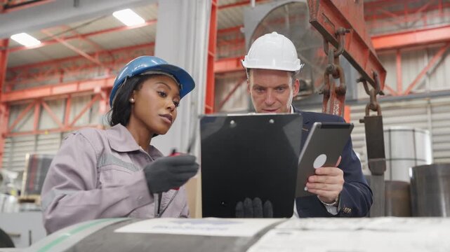 Industrial African American female engineer and factory manager wearing safety helmets review production data on tablets during a manufacturing inspection in facility.