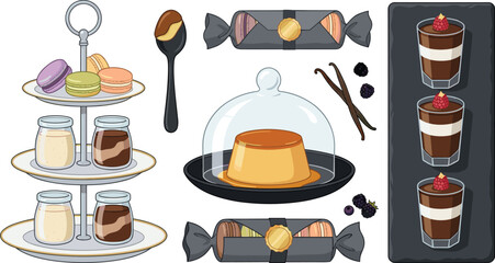Luxury Dessert Presentation Vector Collection with Panna Cotta, Macarons, Layered Chocolate Mousse, Vanilla Pudding, Glass Domes, and Elegant Café Serving Elements © MdNazmul