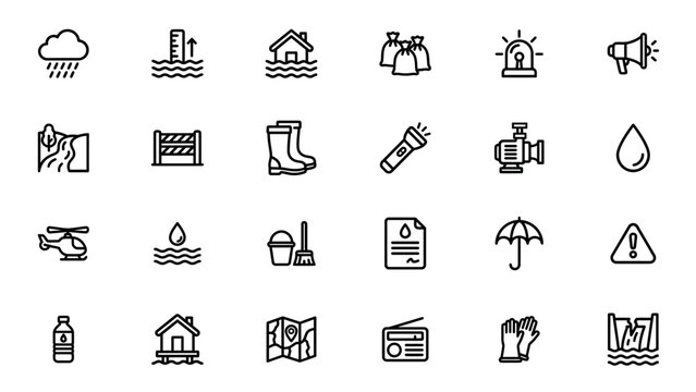 Flood safety and disaster preparedness icon set line art vector graphics